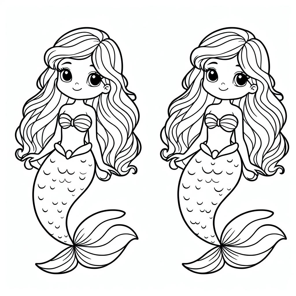 A coloring page of a mermaid with long hair