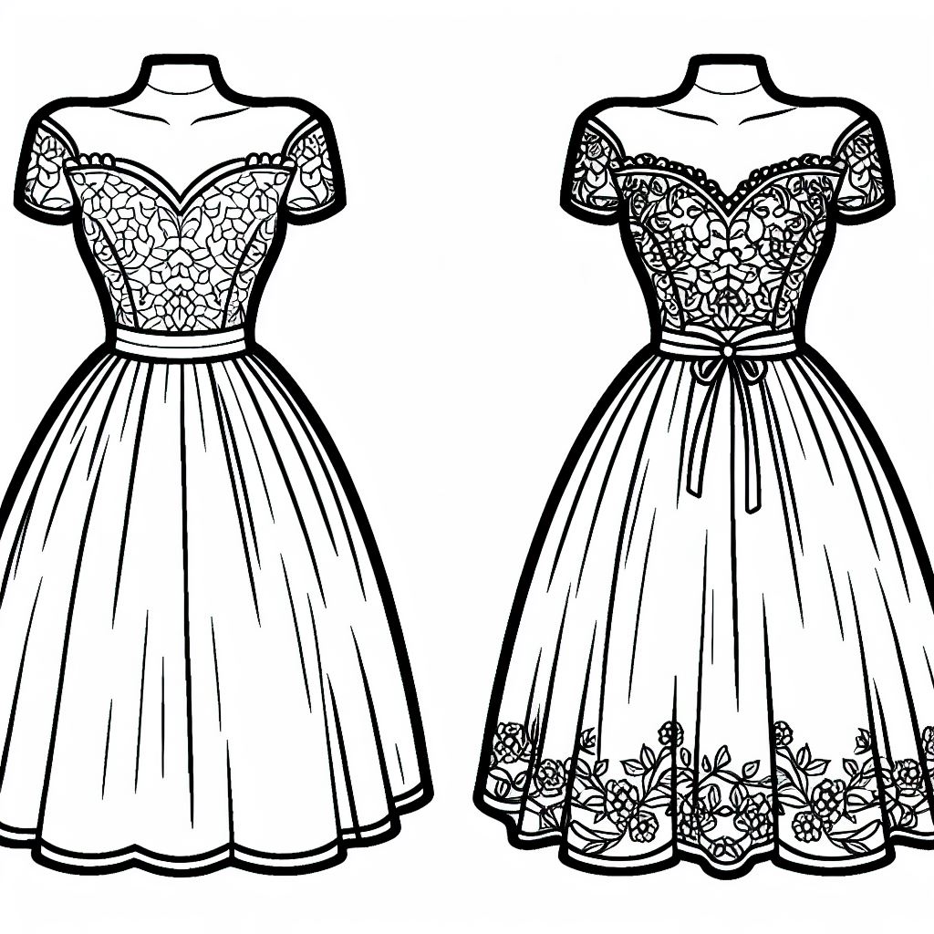 A line drawing of a dress on a mannequin