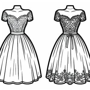 A line drawing of a dress on a mannequin