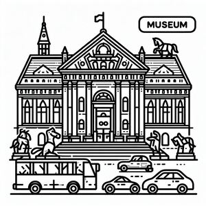 A black and white drawing of a museum