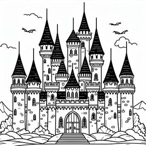 Một trang tô màu lâu đài với một lâu đài trong nền
