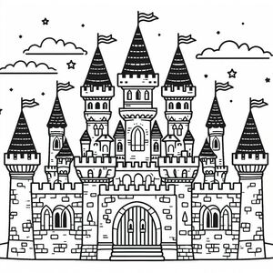 A drawing of a castle with turrets