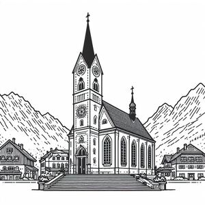 A black and white drawing of a church 3