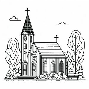 A black and white drawing of a church 4