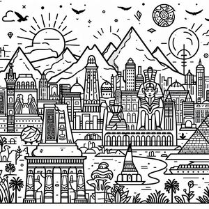A black and white drawing of a city