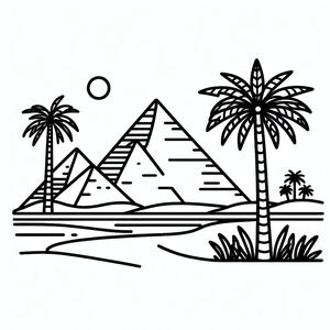 A black and white drawing of a pyramid and palm trees