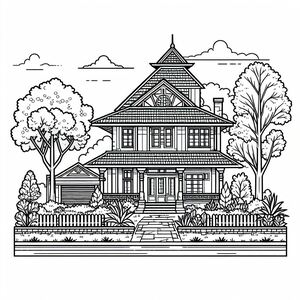 A drawing of a house with trees and bushes