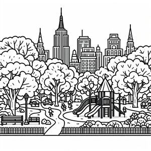 A black and white drawing of a city park