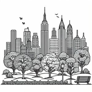 A black and white drawing of a city skyline
