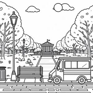 A black and white drawing of a park with a bus