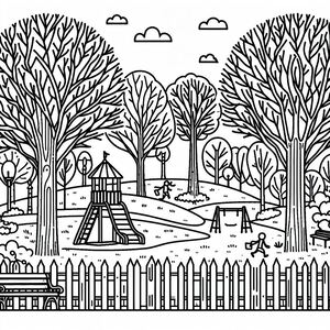 A black and white drawing of a park