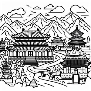 A black and white drawing of a chinese landscape