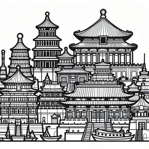 A black and white drawing of asian architecture