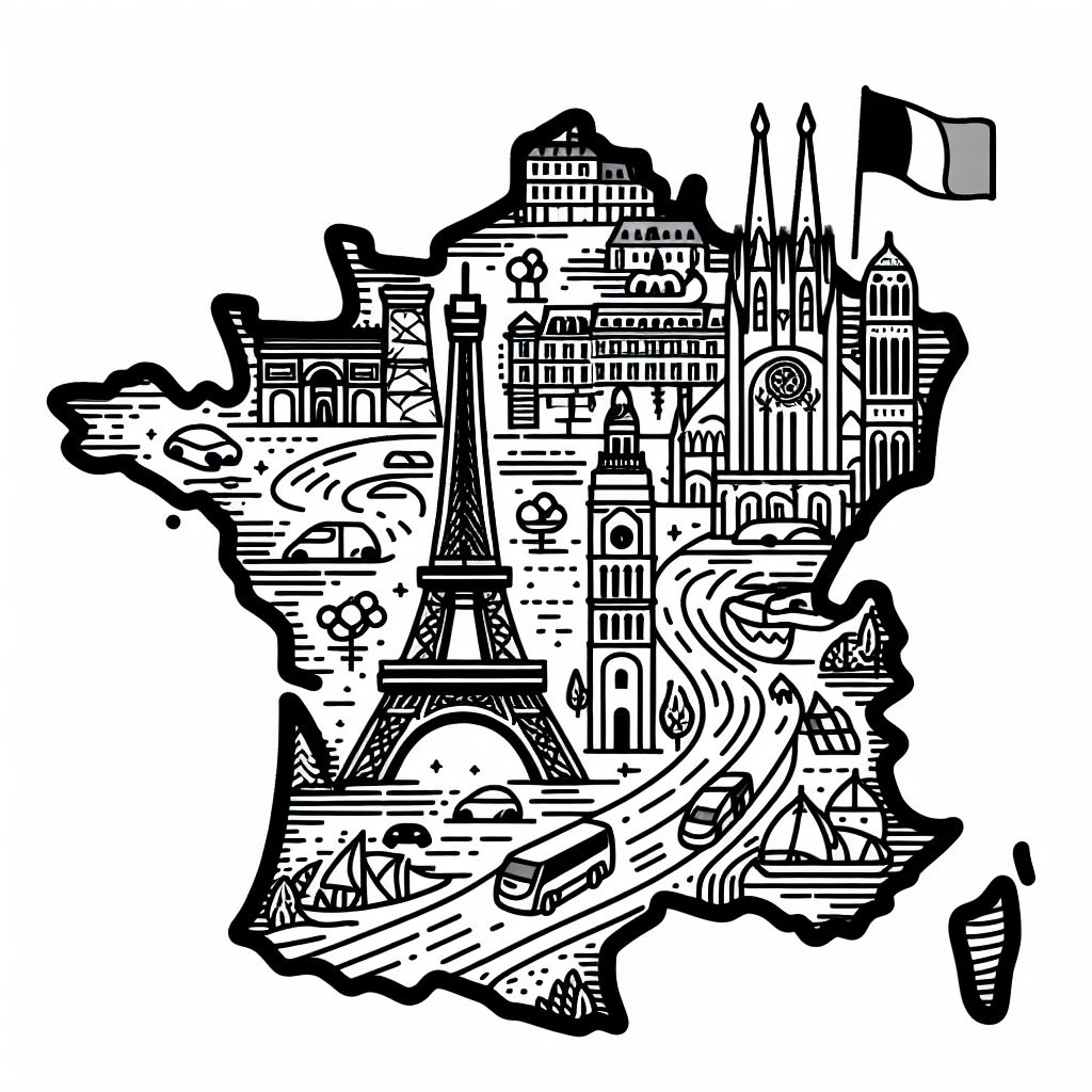 A black and white map of france with the eiffel tower