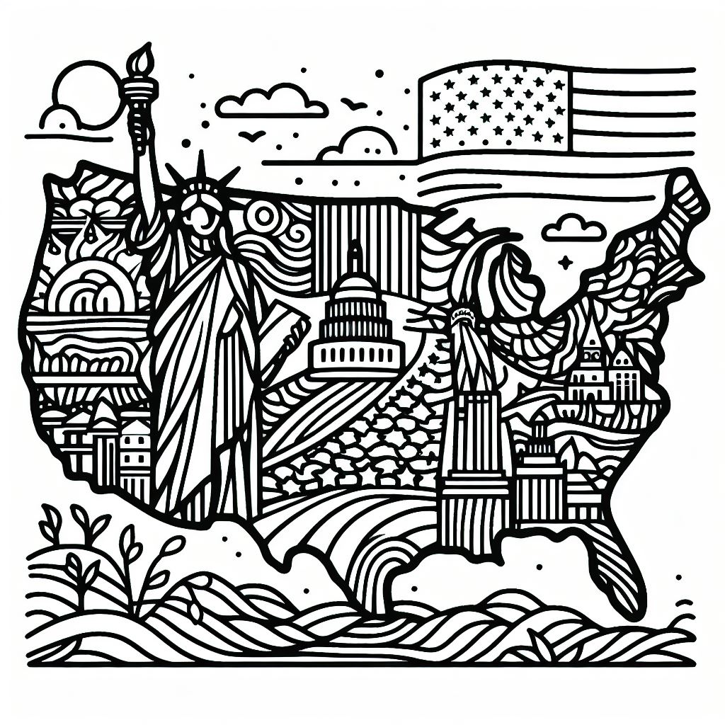 A black and white drawing of the united states