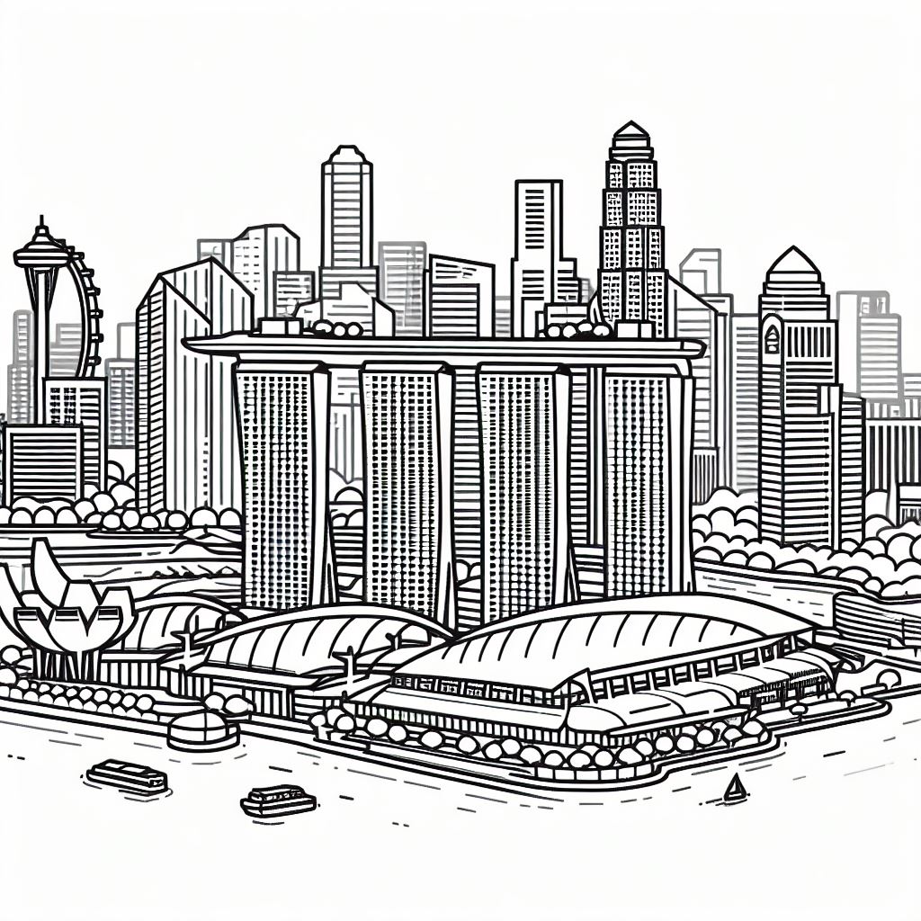 A black and white drawing of a city