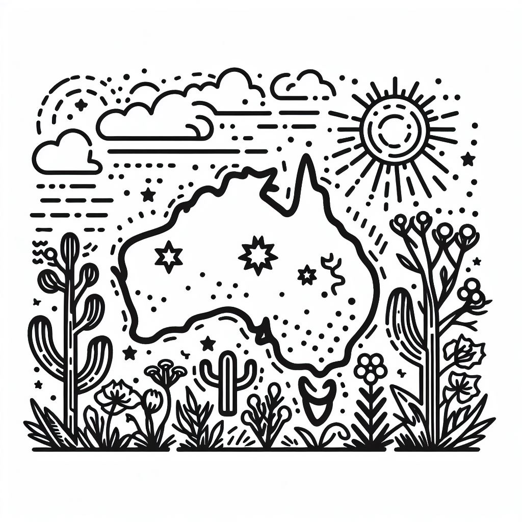 A black and white outline drawing of australia 2