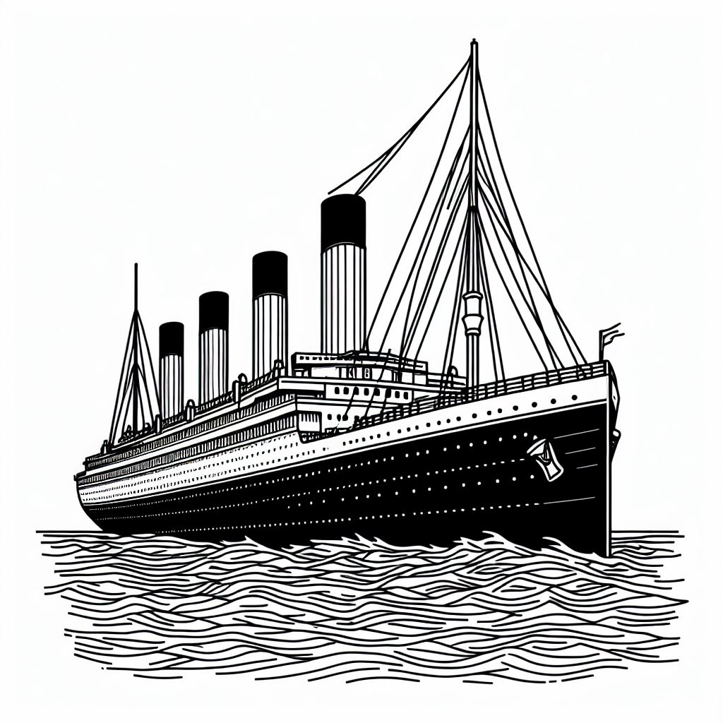 A black and white drawing of a cruise ship