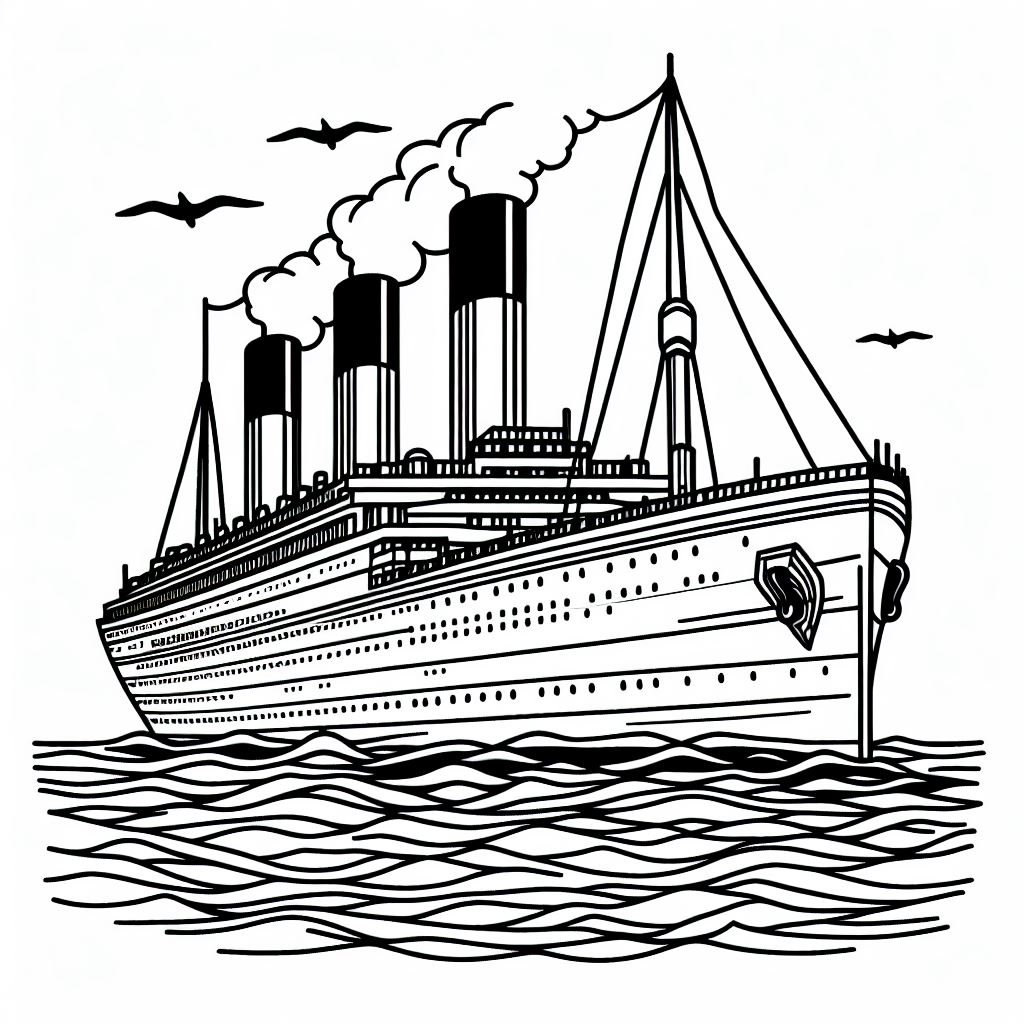 A drawing of a cruise ship with smoke coming out of it