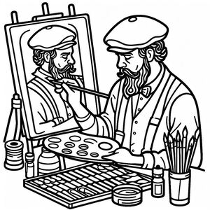A black and white drawing of a man painting a picture