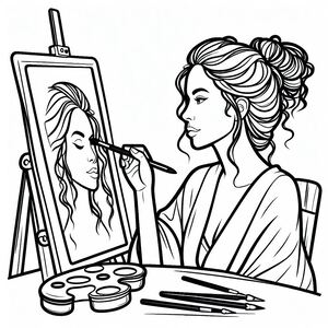 A woman is doing her makeup in front of a mirror