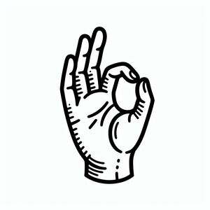 A black and white drawing of a hand making the peace sign