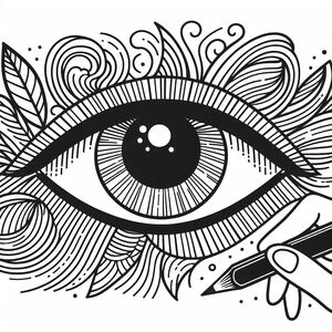 A drawing of an eye with a pen in it