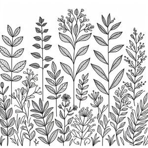 A line drawing of a variety of plants