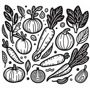 A black and white drawing of vegetables 3