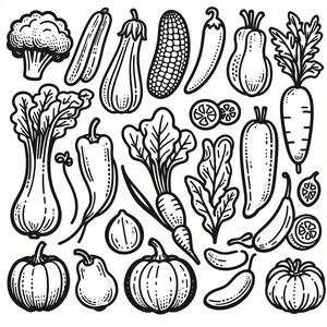 A black and white drawing of vegetables