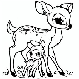 A deer and a baby deer are standing in the grass