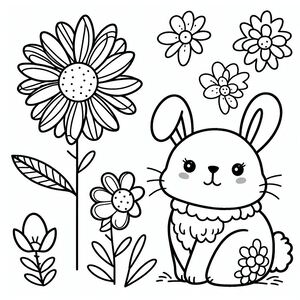 Một chú thỏ dễ thương ngồi trên cánh đồng với hoa