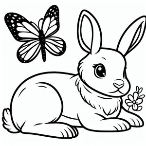 Một con thỏ với một bông hoa và một con bướm