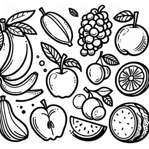 A black and white drawing of a bunch of fruit