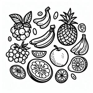 A black and white drawing of fruit on a white background