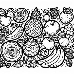 A black and white drawing of fruits and vegetables