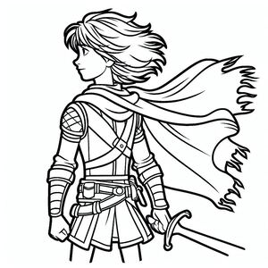 A black and white drawing of a girl with a sword