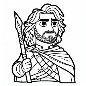 A black and white drawing of jesus holding a sword