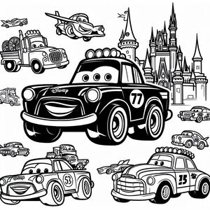 A black and white drawing of cars in front of a castle