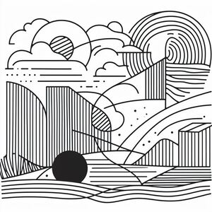A black and white drawing of a landscape