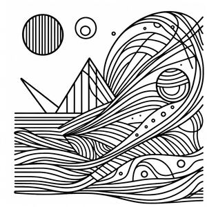 A black and white drawing of waves and a boat
