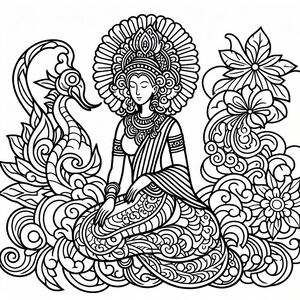 A black and white drawing of an indian woman