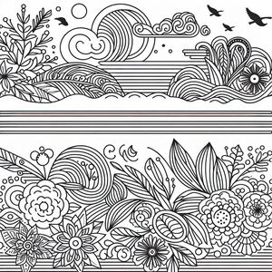 A line drawing of flowers and birds