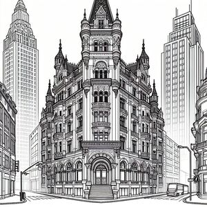 A black and white drawing of a building in a city