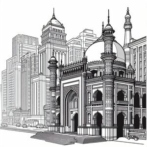 A black and white drawing of a mosque