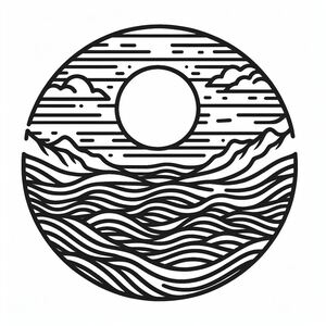 A black and white drawing of a sunset over a body of water