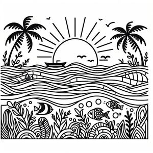 A black and white drawing of a sunset over the ocean