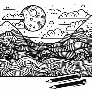 A black and white drawing of waves and mountains