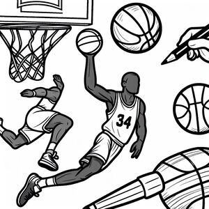 A black and white drawing of a basketball player
