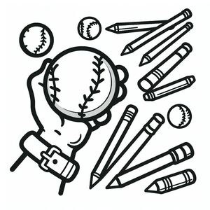 A black and white drawing of a baseball and crayons